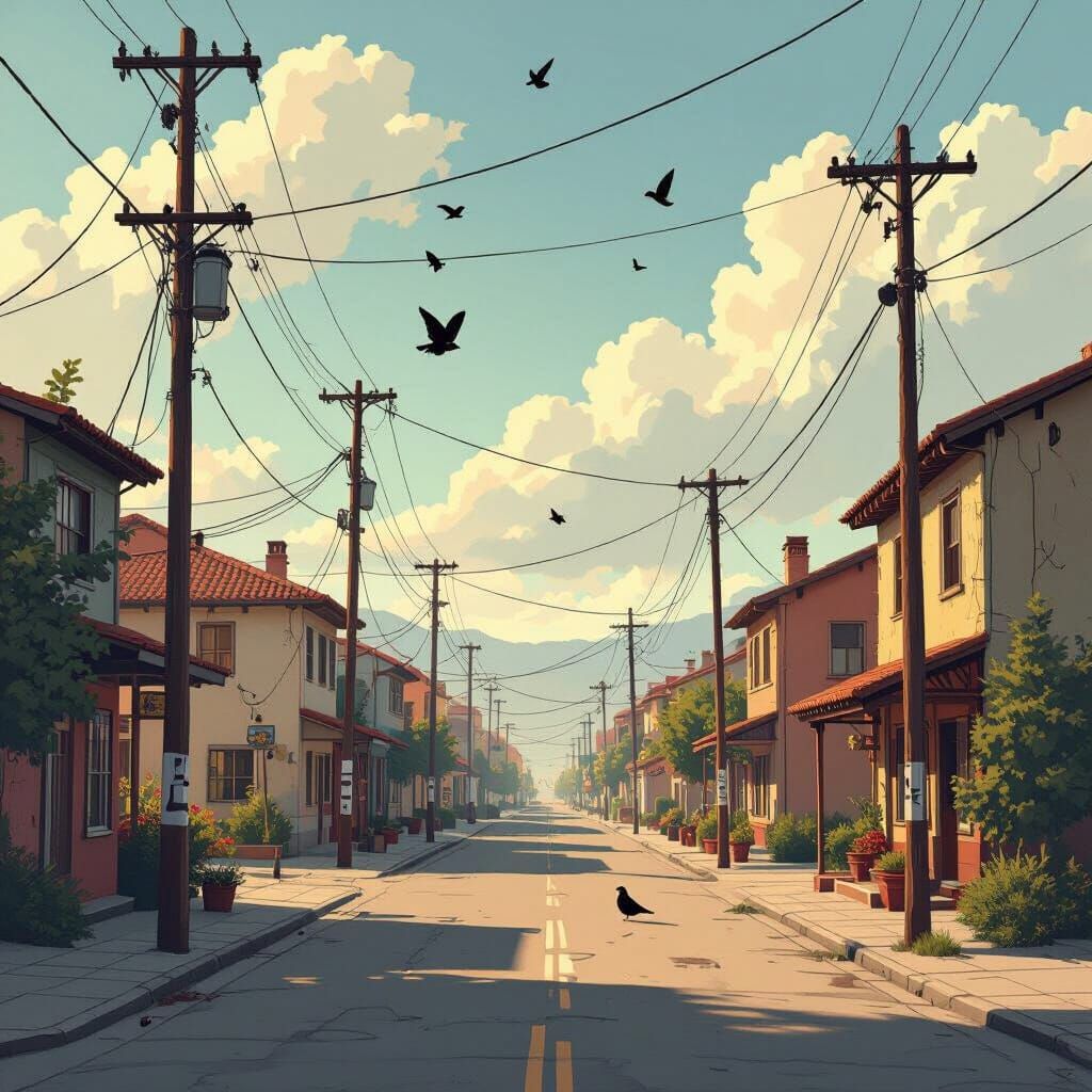Peaceful Street Scene Inspired by Surrealism and Realism