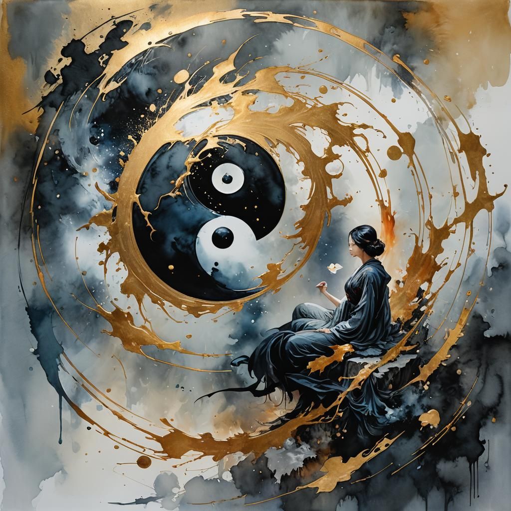 Yin Yang Fire and Ice Watercolor Painting