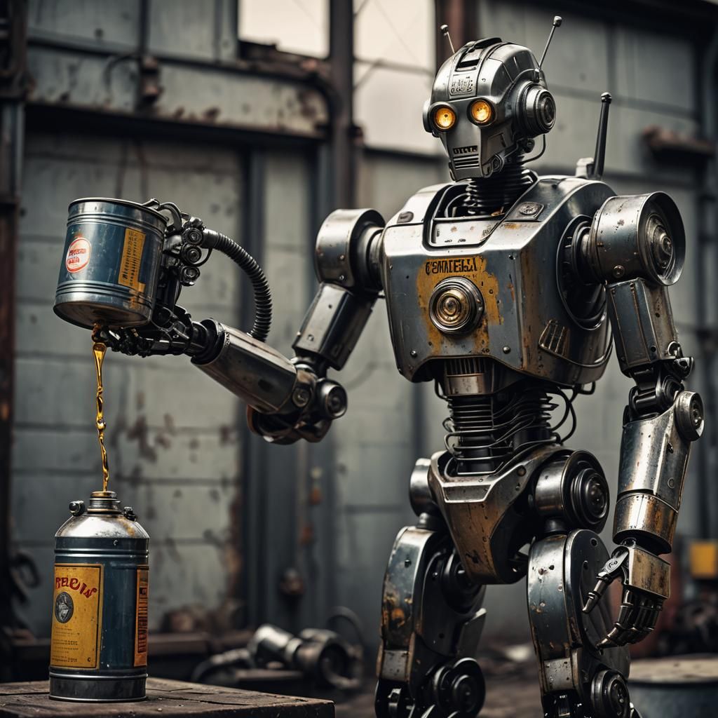 Hyperrealistic Robot with Oil Can