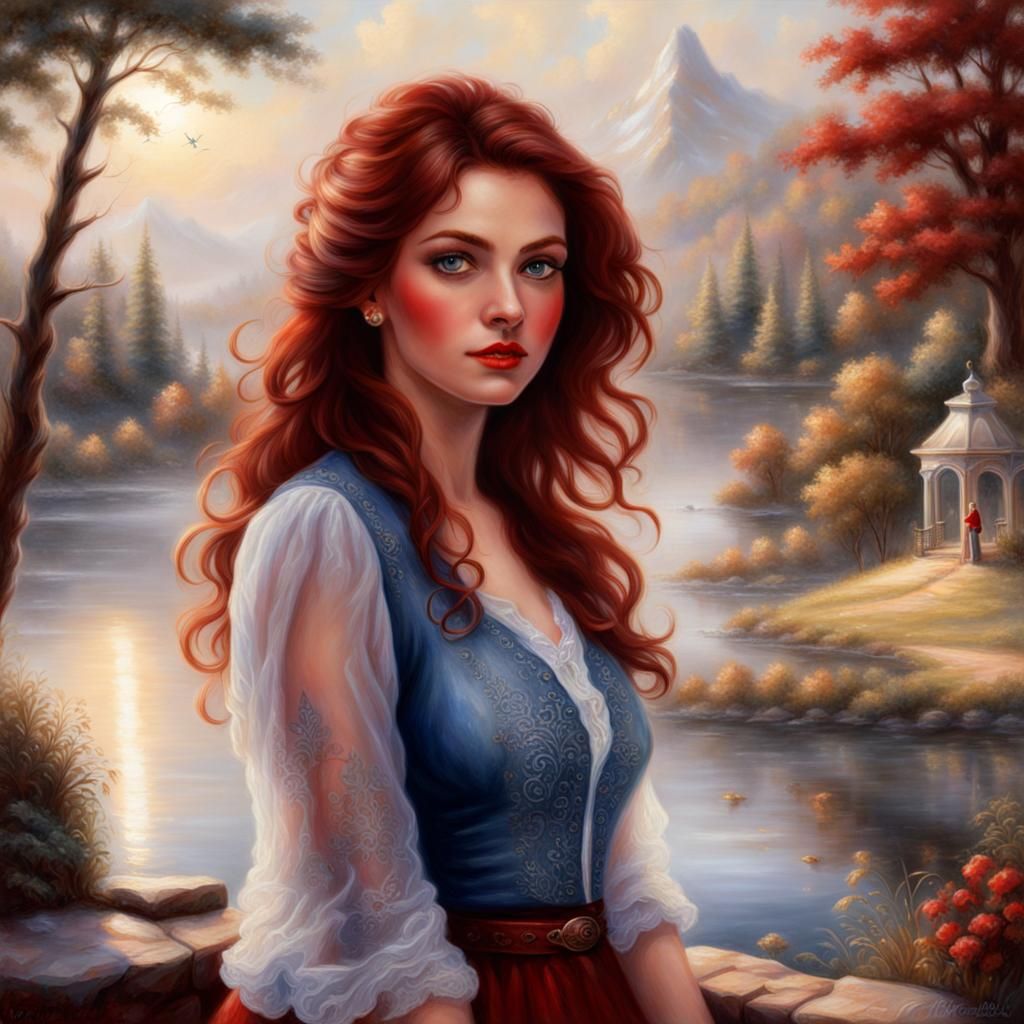 Auburn-Haired Beauty by Lake in Fantasy Style
