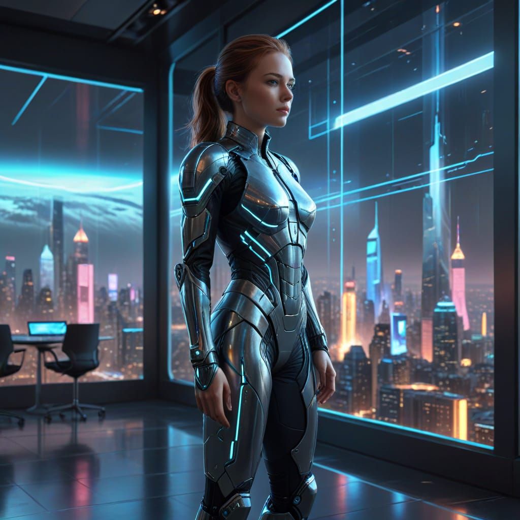 Professional Woman in Futuristic Office Space
