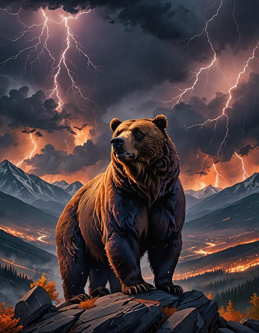Grizzly Bear Roaring on Mountain in Cyberpunk Style