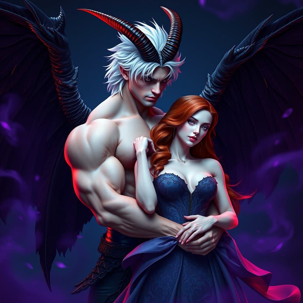 Gothic Warrior with Dark Wings and Horns Holds Lovely Maiden