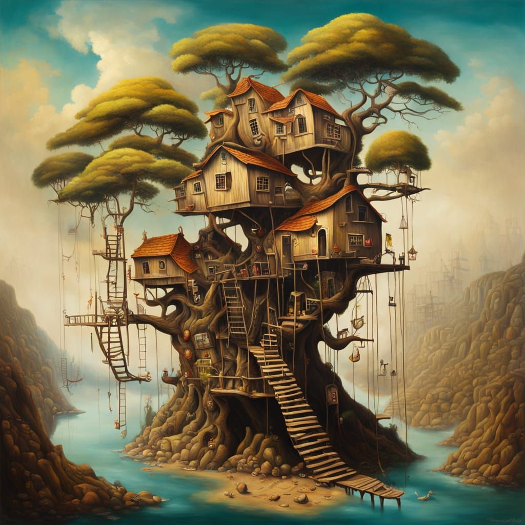 Whimsical Treehouse Village in Surrealist Style
