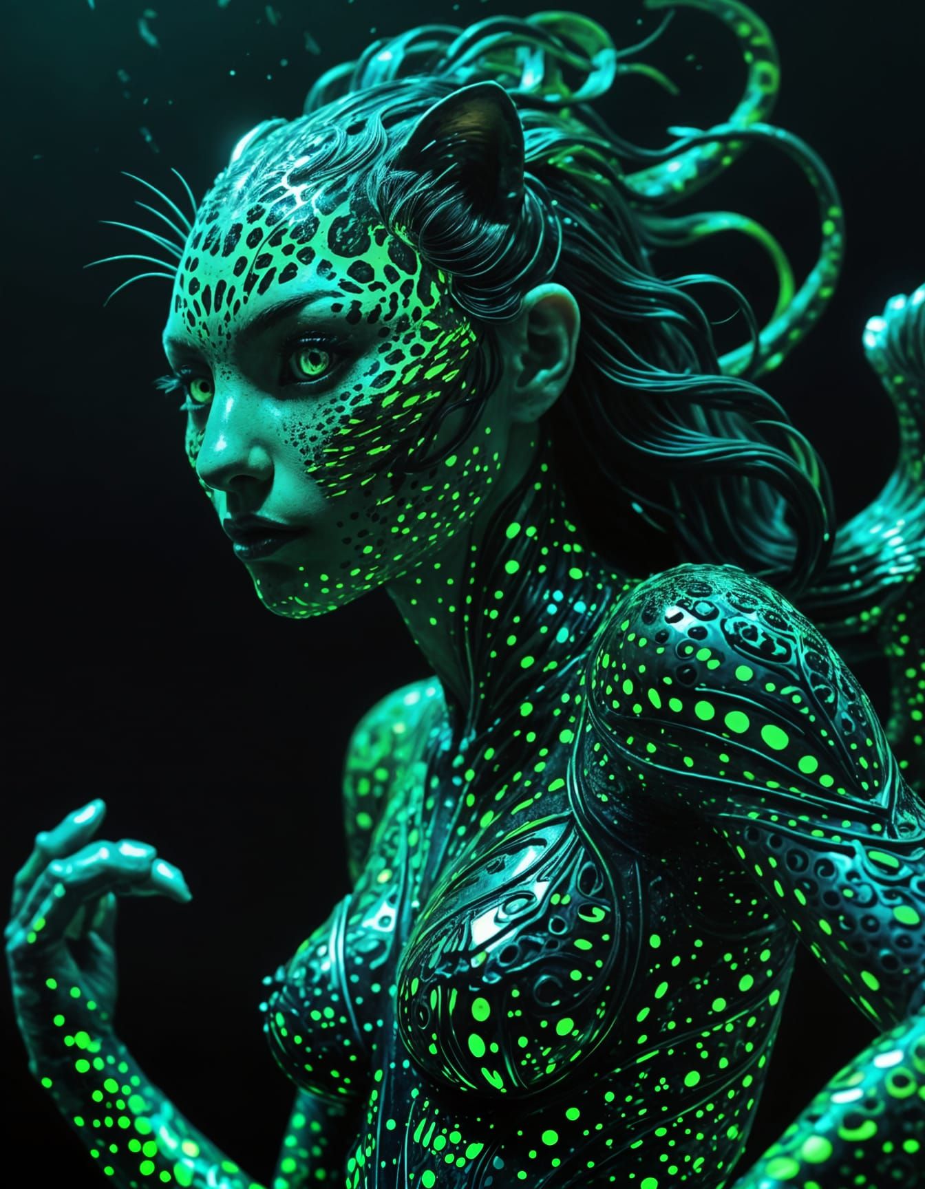 Leaping Leopard Mermaid Tattoo in Biopunk Style