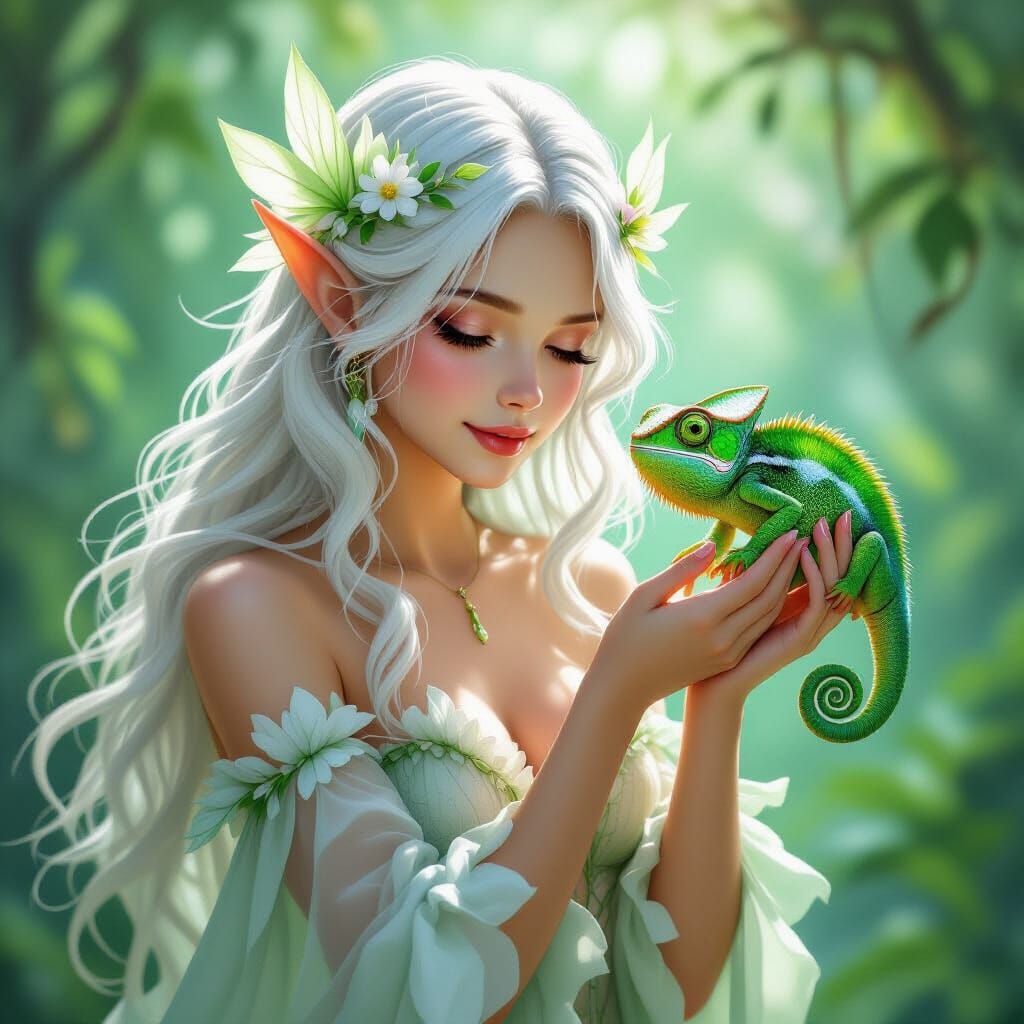 Green Fairy with Chameleon in Whimsical Style
