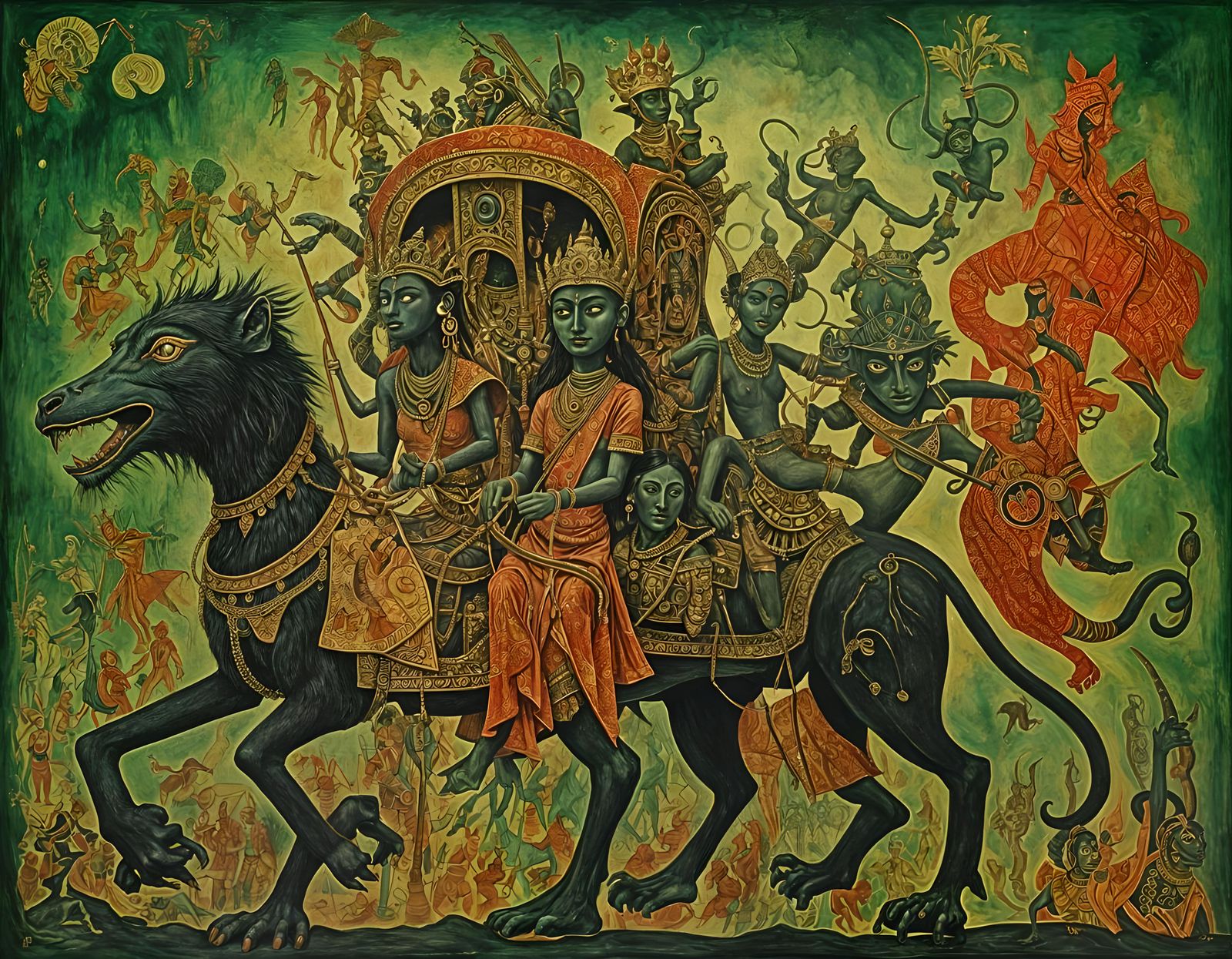 Arjuna and Krishna in Batik Woodcut Style