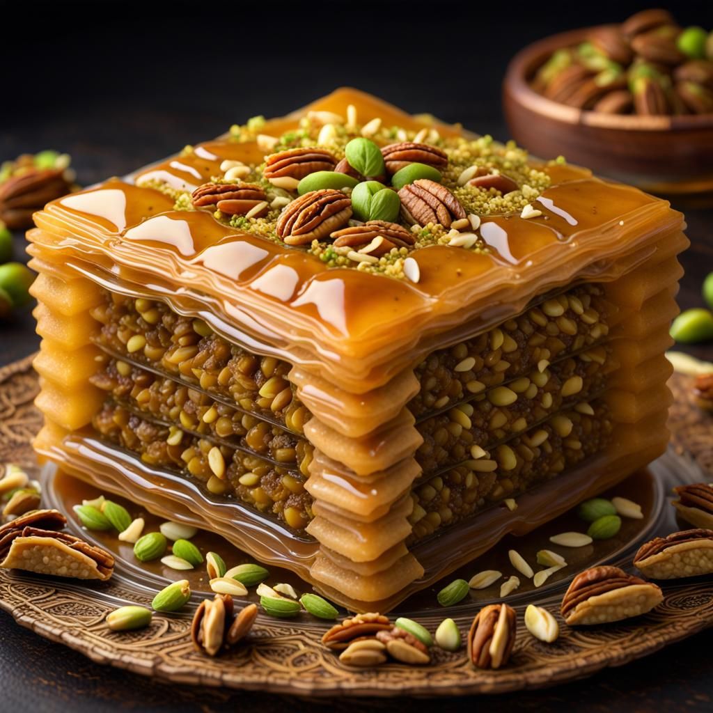 Hyperrealistic Baklava with Nuts and Honey