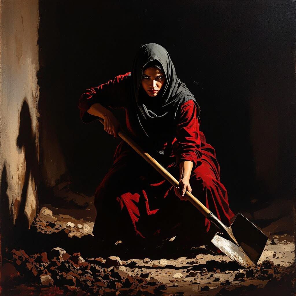Mariam's Dramatic Struggle with Shovel in Dark Realism