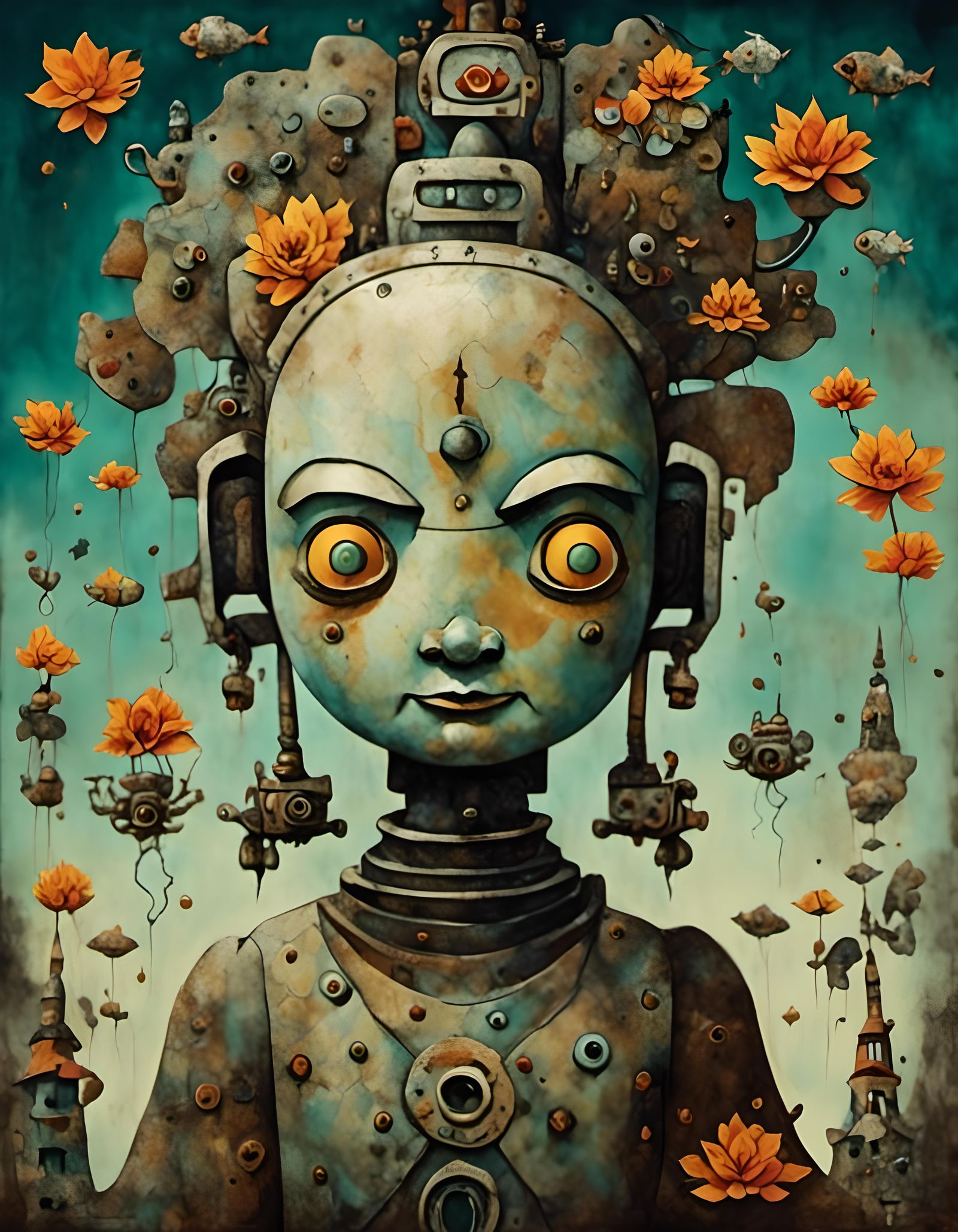 Steampunk Buddha Robot Astro-Boy in Flight
