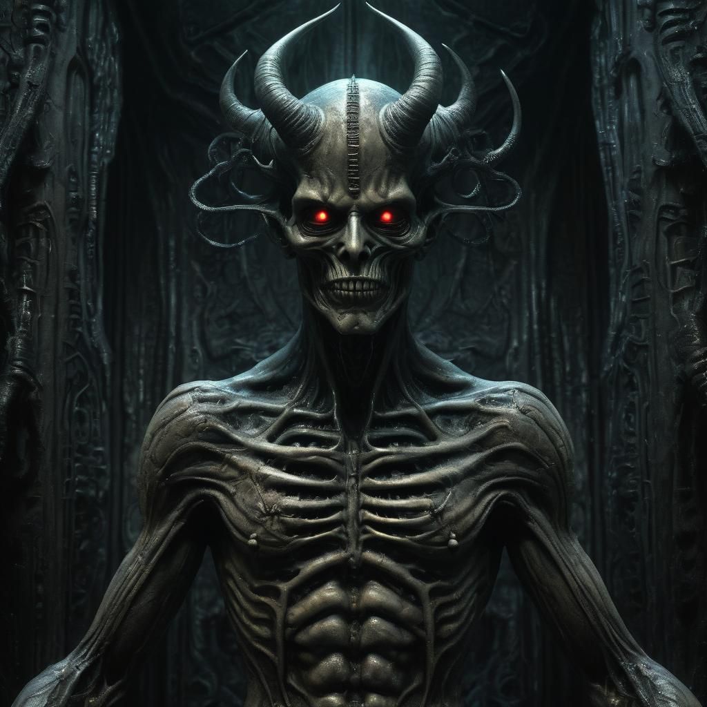 Ominous Devil Emerges from Shadows in Biomechanical Style