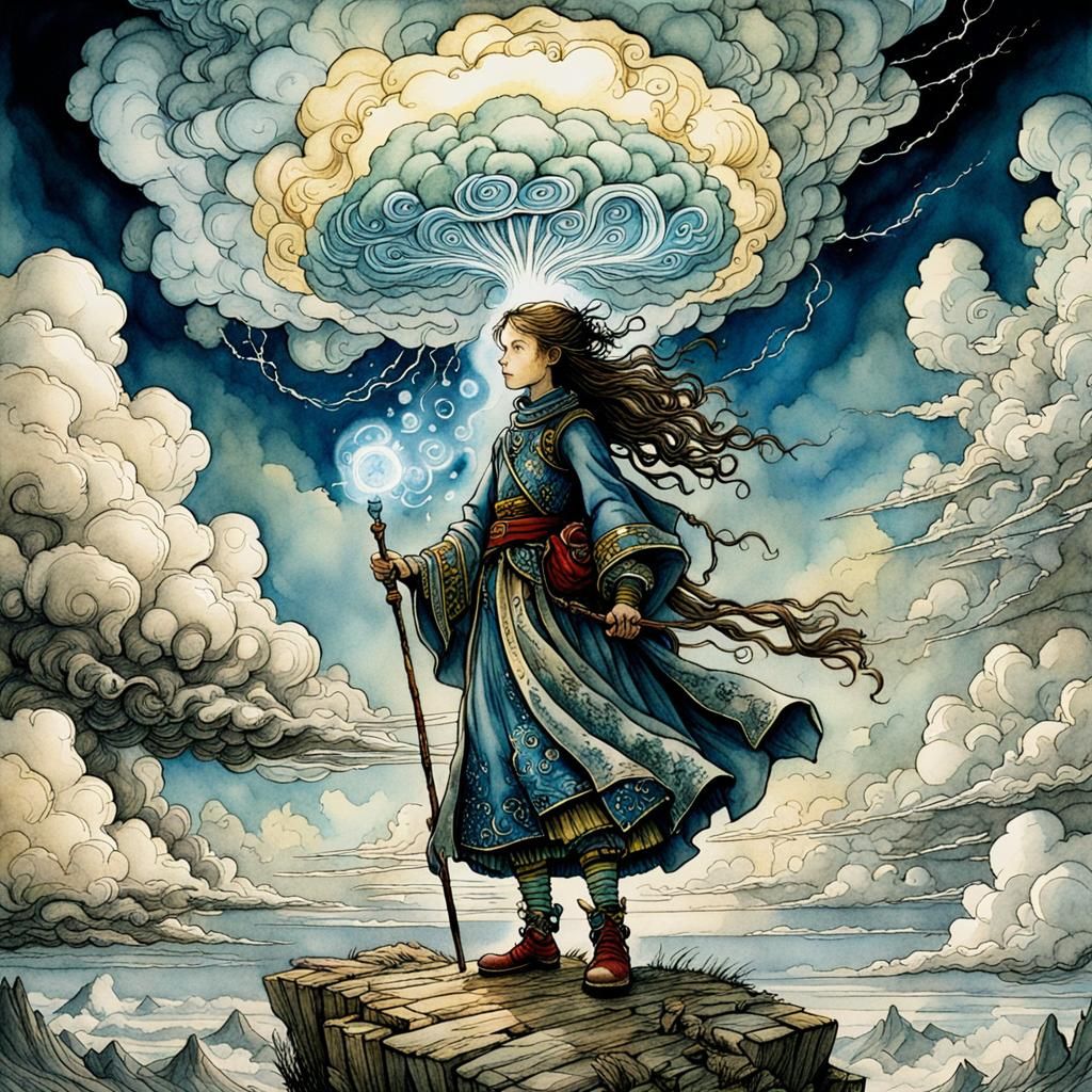 Princess Wizard Conjures Clouds in Watercolor Style