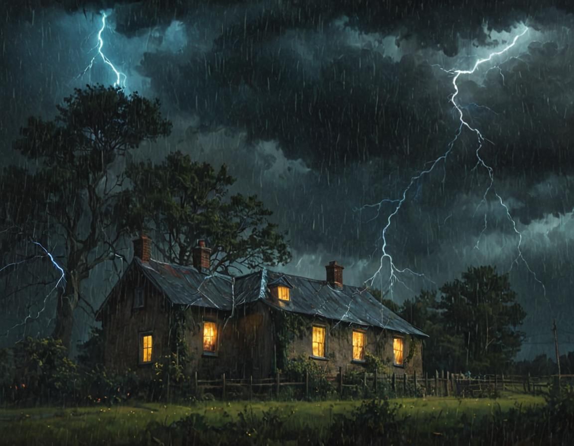 Stormy Rural Cottage in Ominous Landscape Painting