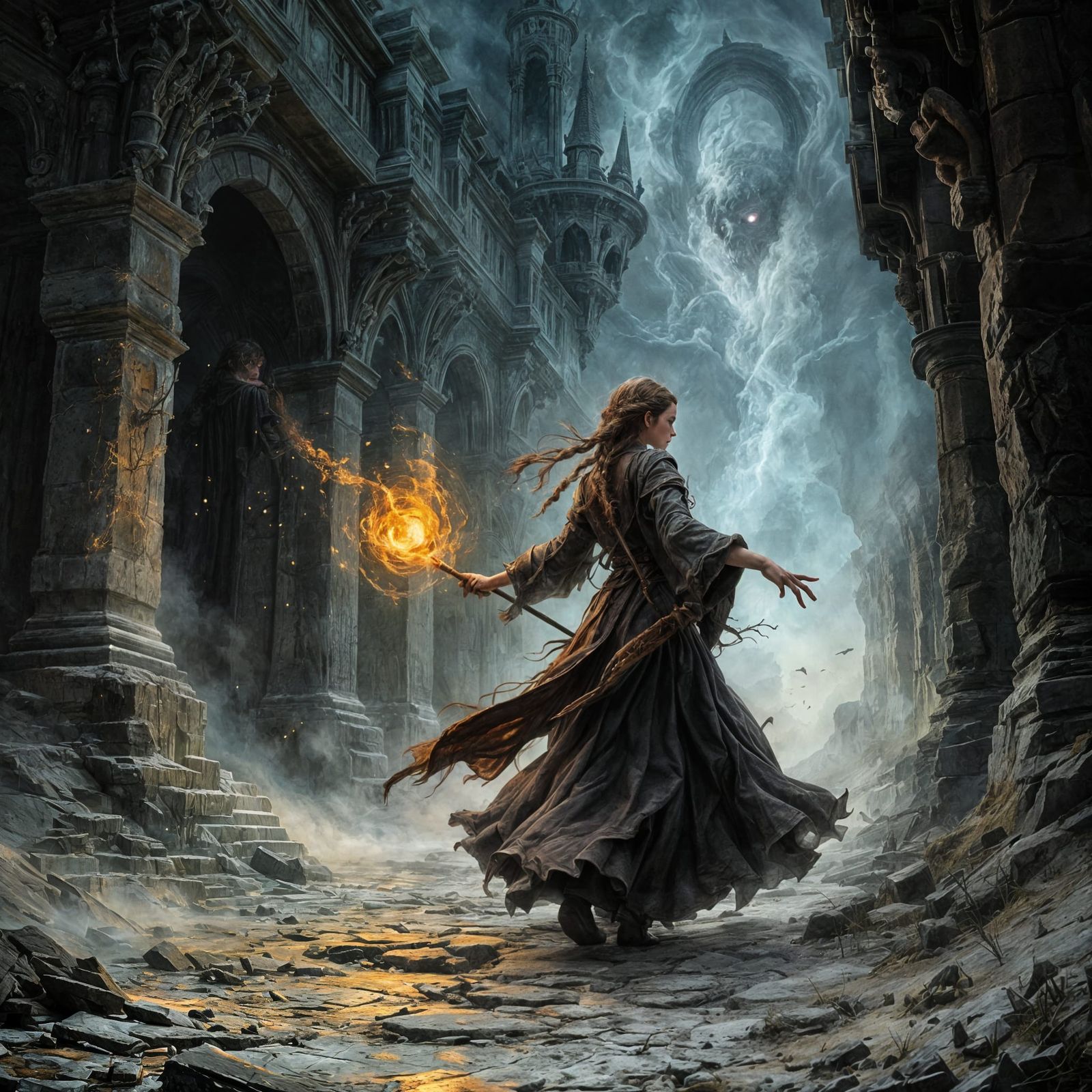 Mystical Wizard Navigates Dark Temple