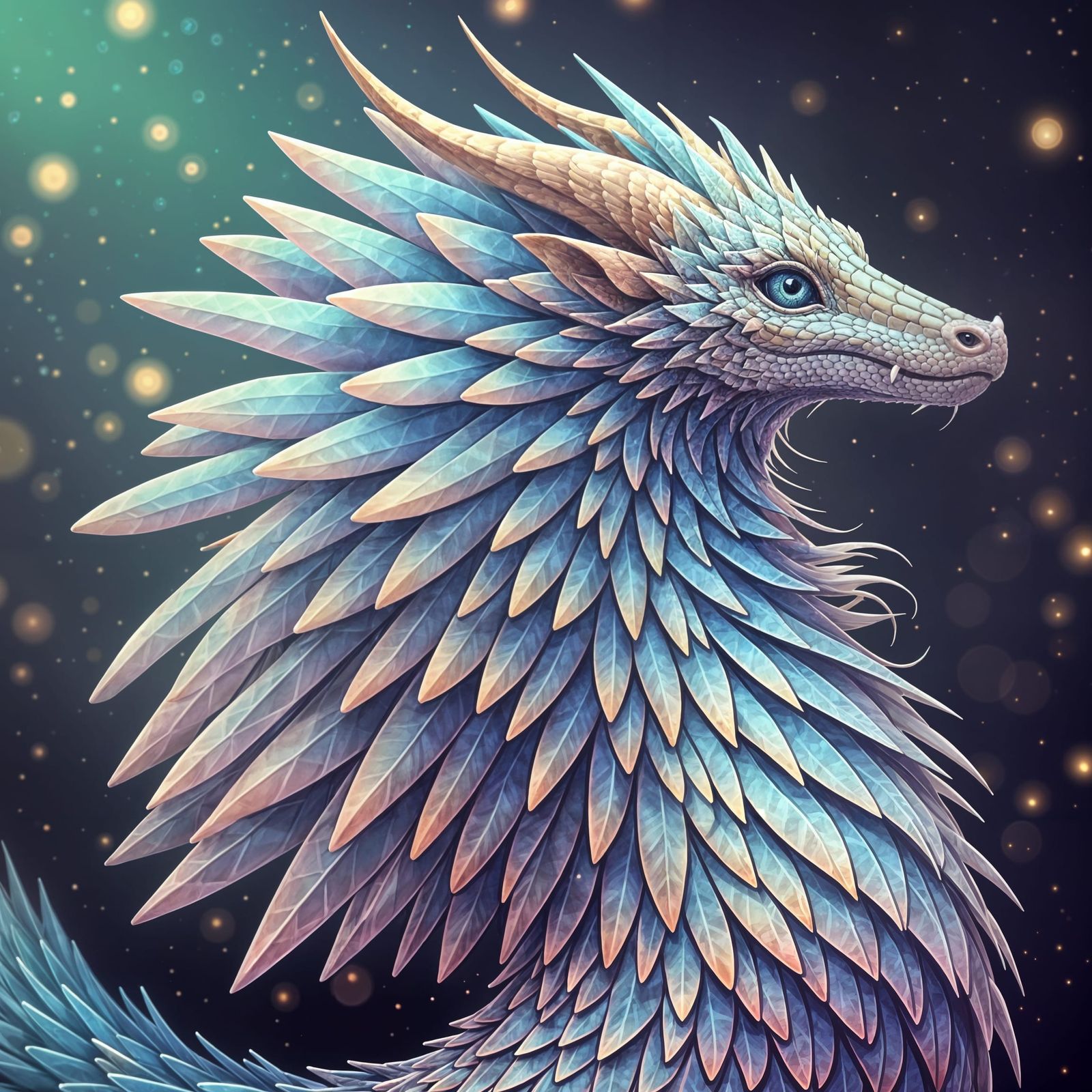 Iridescent Vaporwave Dragon with Peacock Splendor