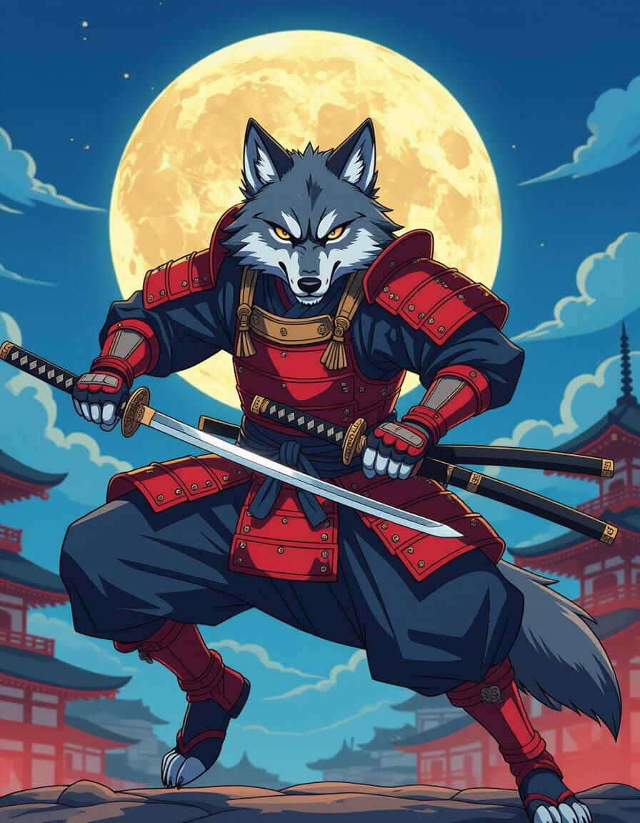 Wolf Samurai Leaping in Edo Japan Anime Style