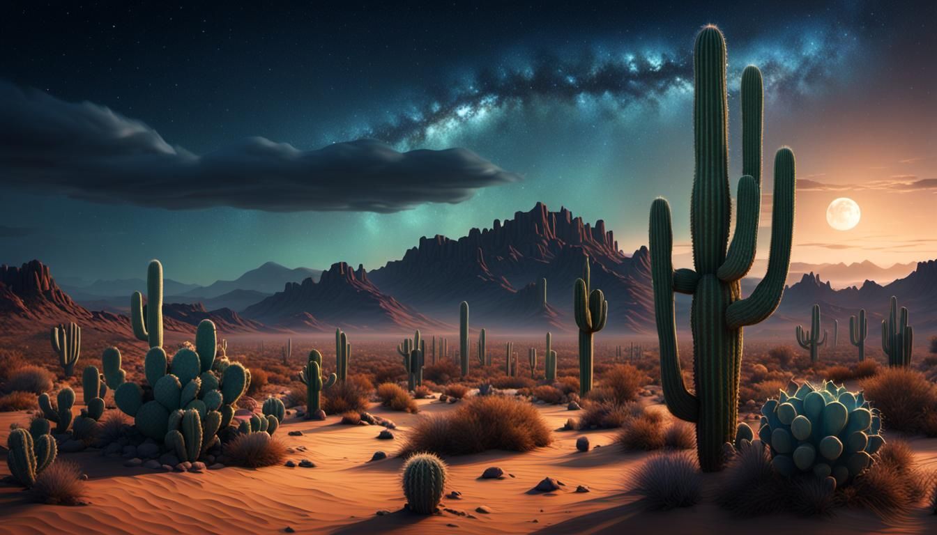 Cactus Under Desert Sky: Detailed Matte Painting