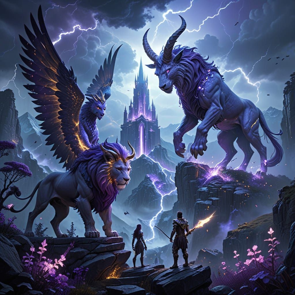 Mythical Winged Lion and Goat Spirit in Epic Fantasy Art