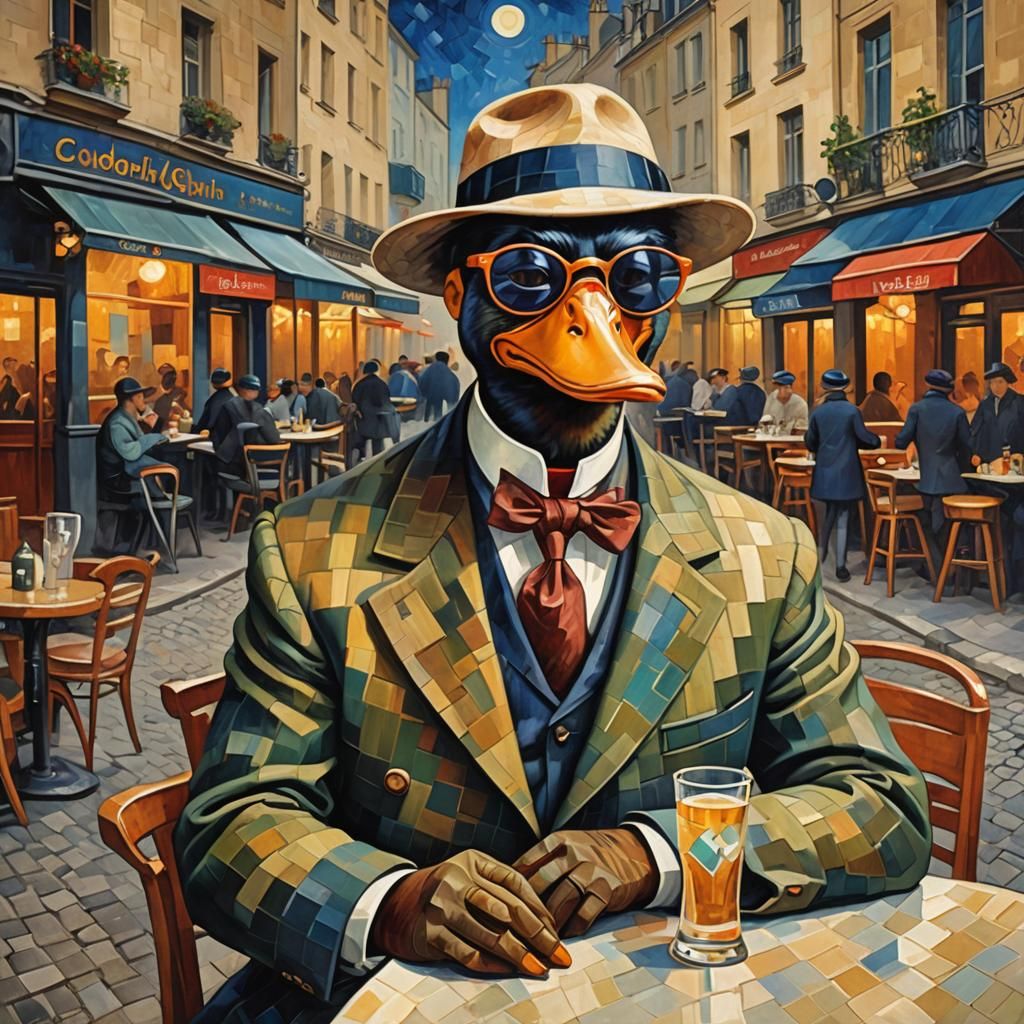 Muscovy duck with sun glasses sitting in a street cafe in Paris