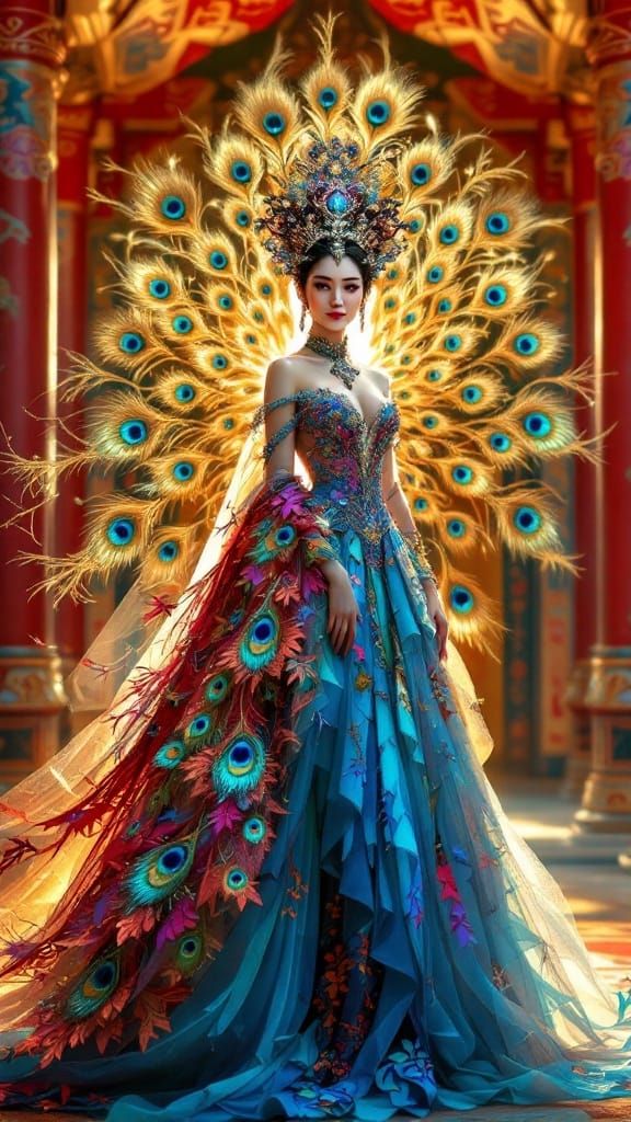 Regal Queen in Peacock Couture with Majestic Peacock