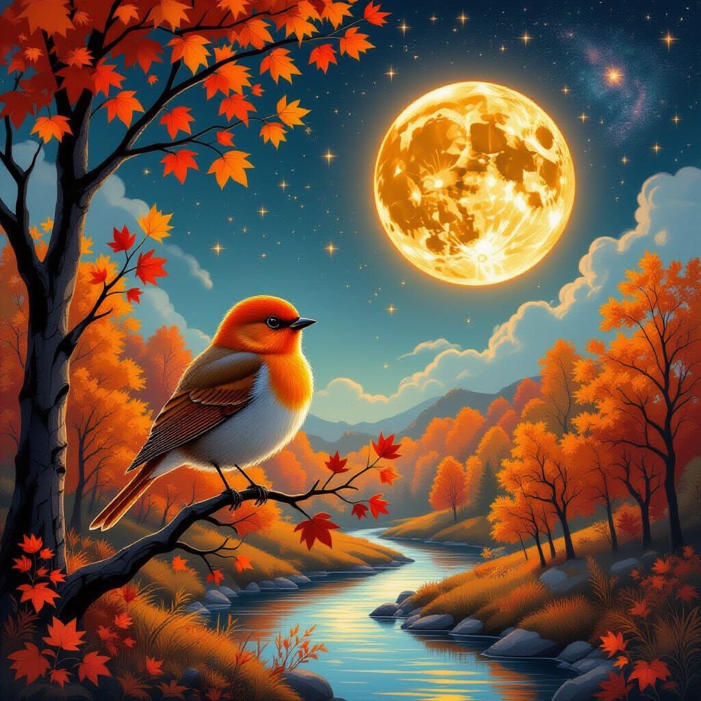 Hyperrealistic Flame Orange Bird in Magical Autumn Night