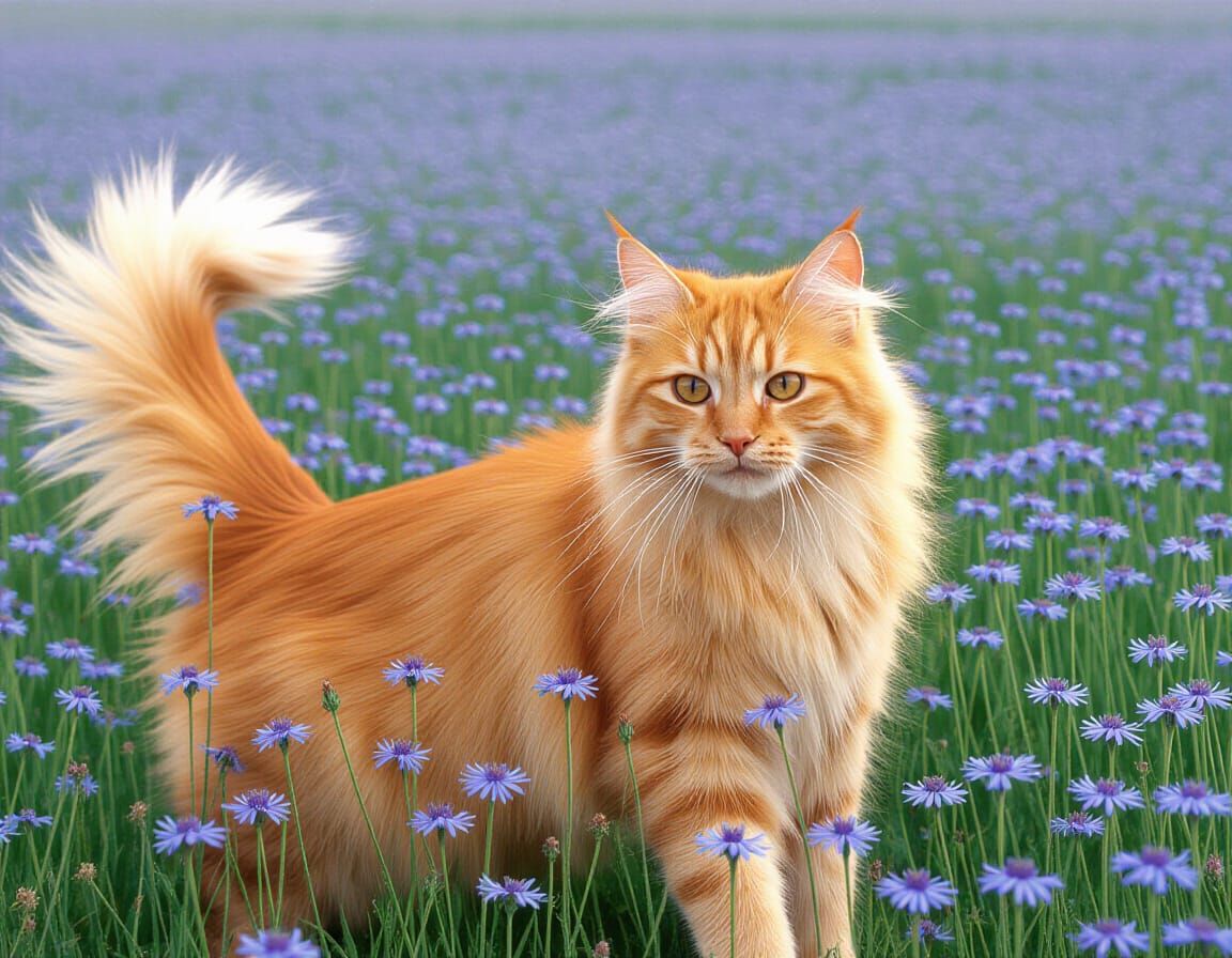 Fluffy Ginger Cat Plays in Blue Aster Field