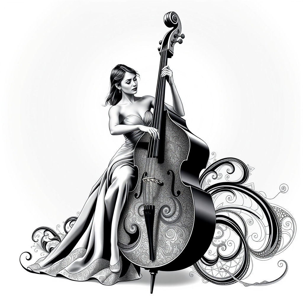 Elegant Lady Playing Double Bass with Fractal Art