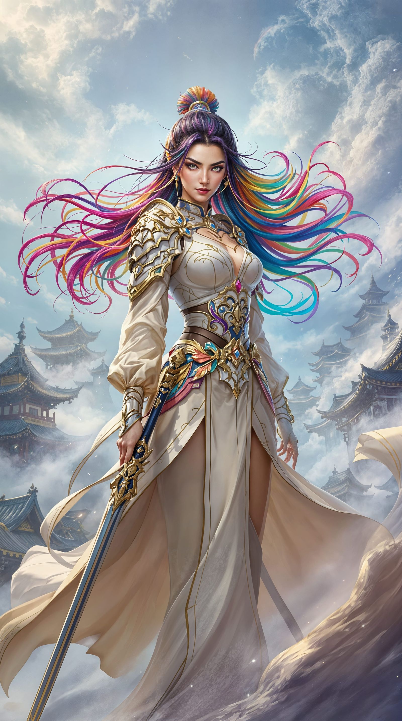 Vibrant Warrior Goddess in Asian Cityscape