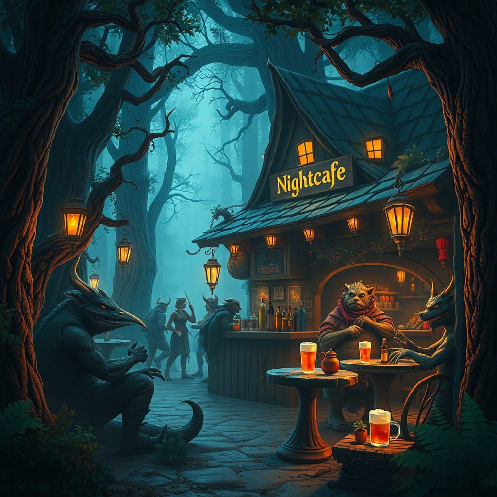 Fantasy Pub Nightlife in a Dreamlike Forest Setting