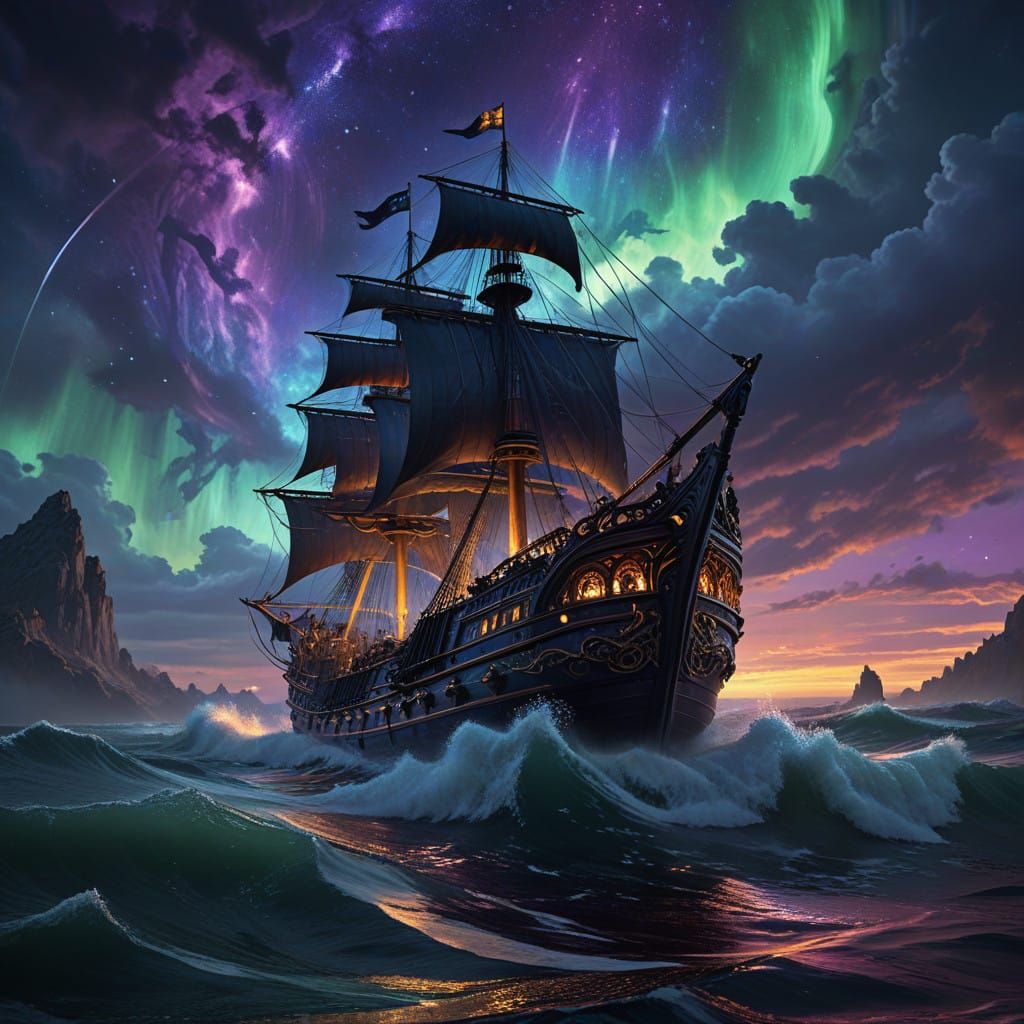 Majestic Night Ship Sails Under Aurora Sky
