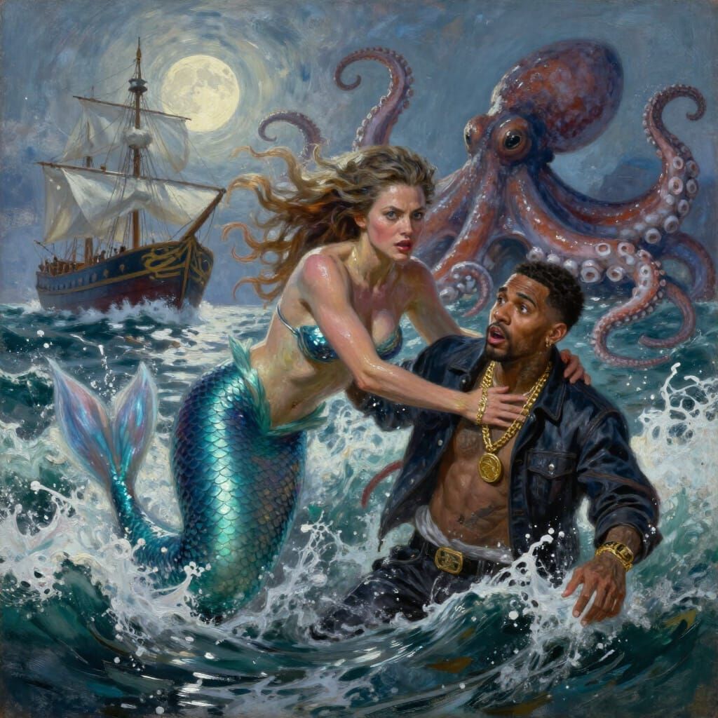 Mermaid Rescues Rapper From Ocean Battle as Oil Painting