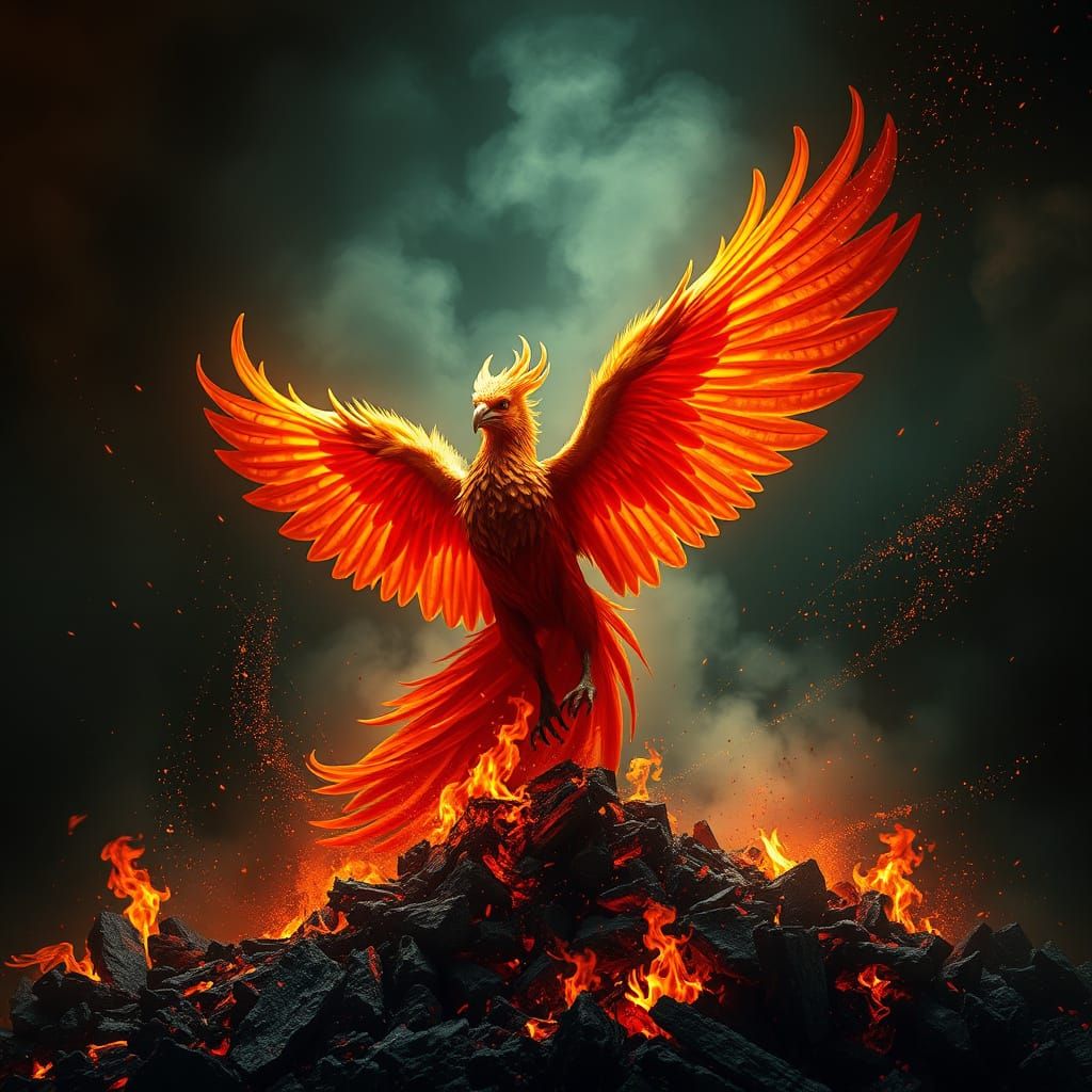 Majestic Phoenix Rises from Ashes in a Vibrant, Otherworldly...