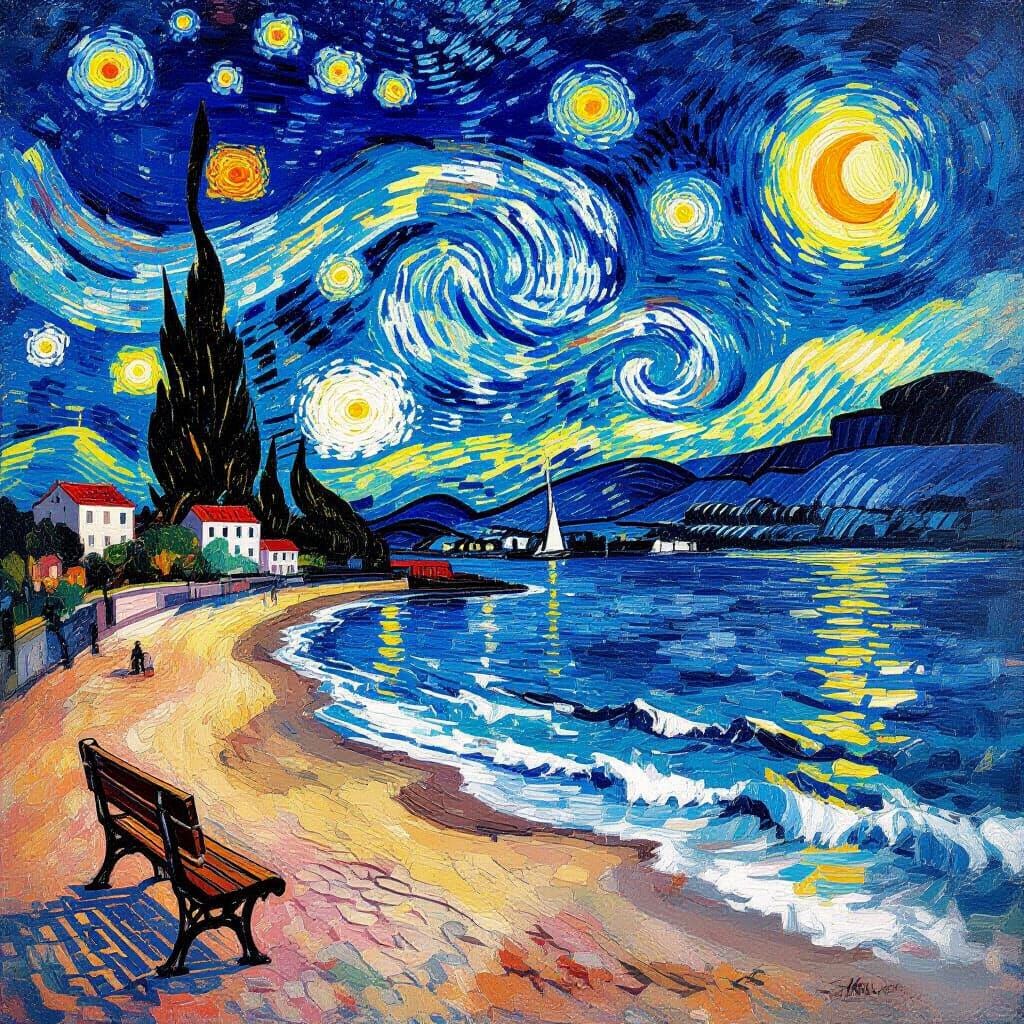 Starry Night Beach: A Van Gogh Inspired Seascape