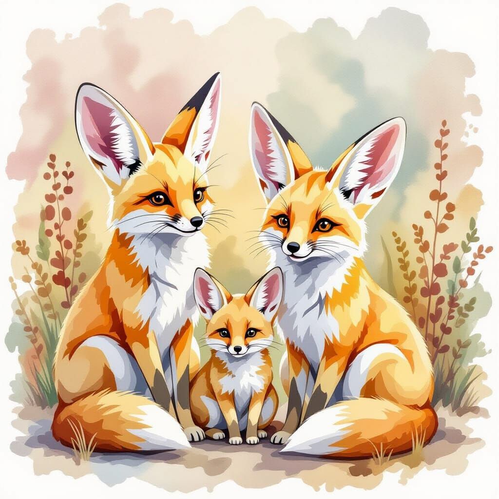 Realistic Watercolor Fennec Fox Family Portrait