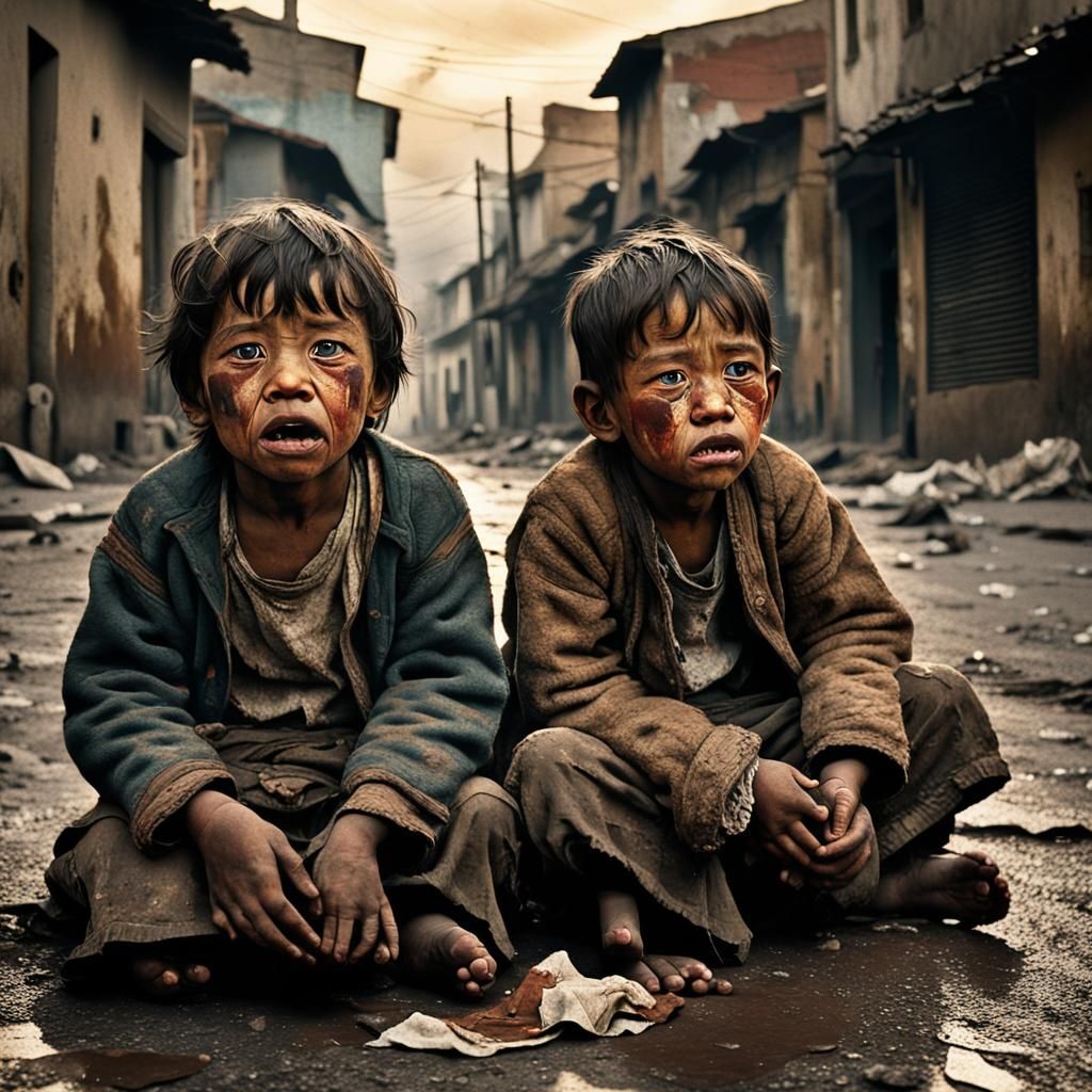 Poor Children in Tattered Clothes Beg on a Grimy Street