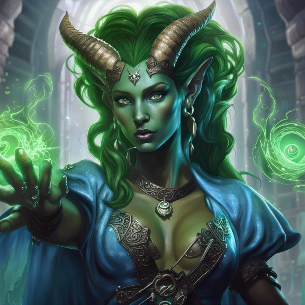 Tiefling Sorceress Casting Spells in Dark Fantasy Style