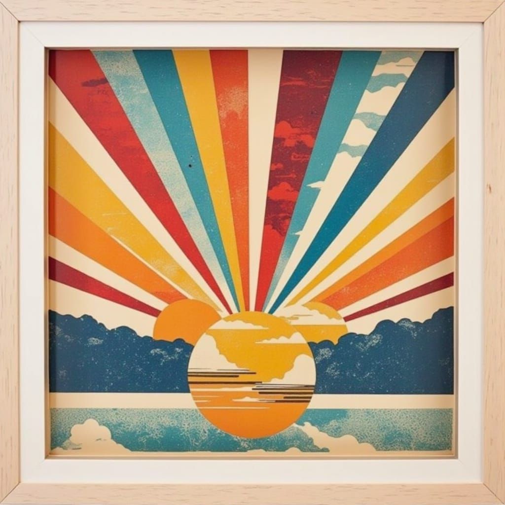 Retro Sunrise with Radiating Beams in 1970s Style