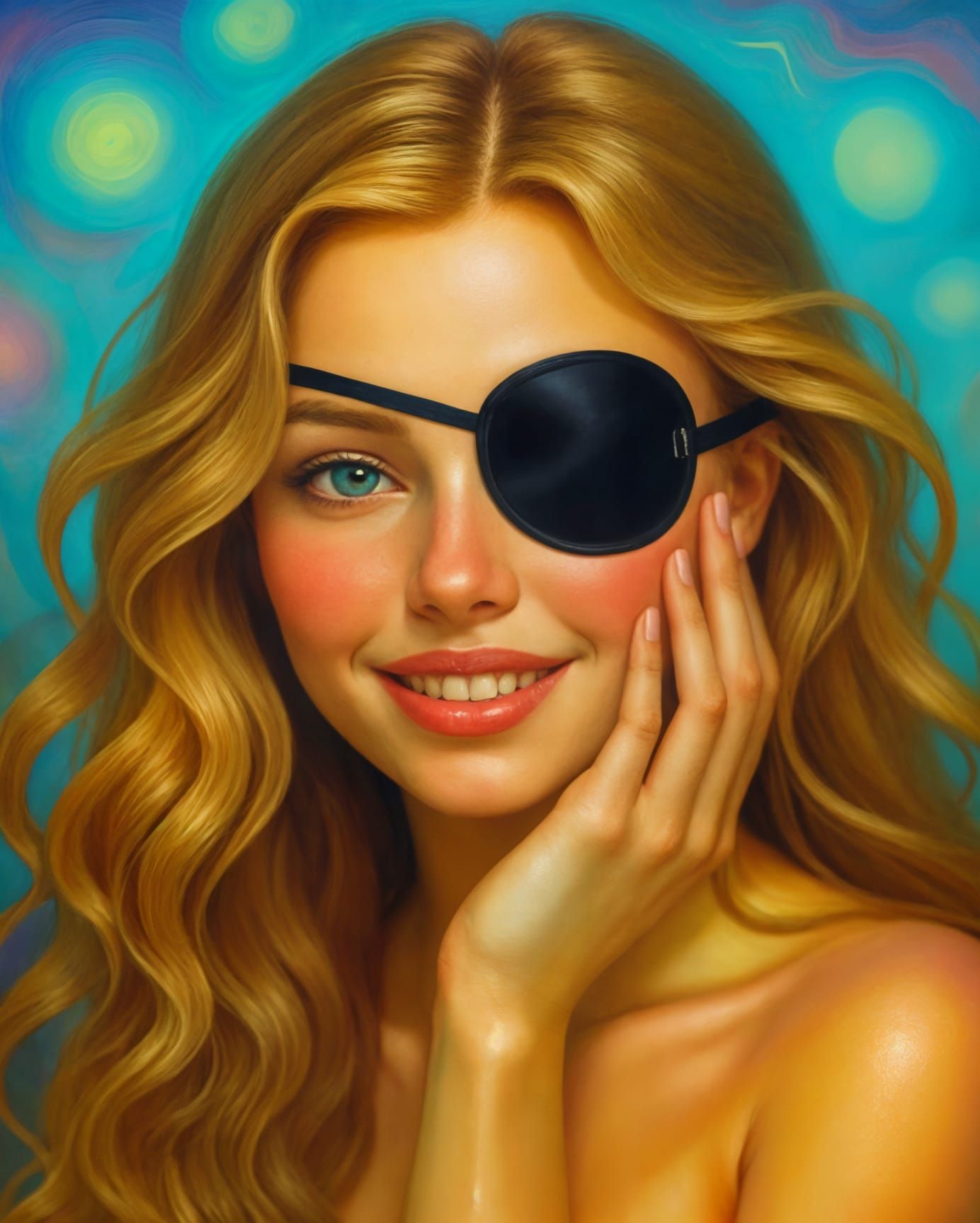 Dreamy Oil Painting of a Smiling Woman with Eyepatch