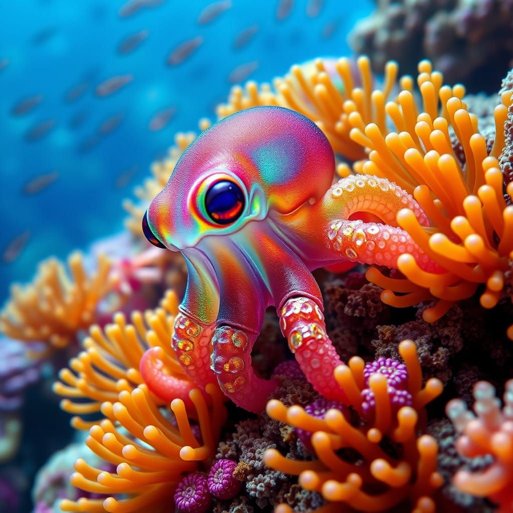Surreal Iridescent Octopus Blends into Coral Reef