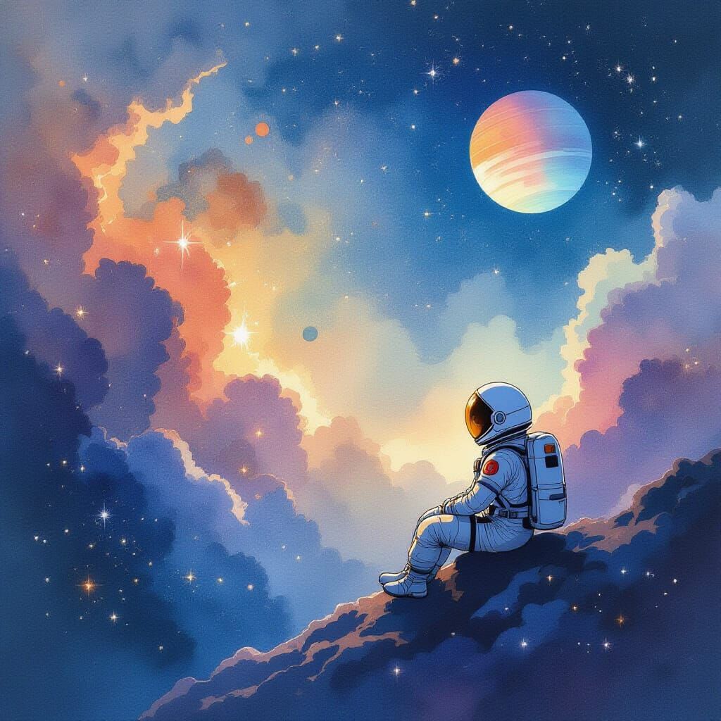Astronaut Adrift in Cosmic Nebula, Watercolor Style