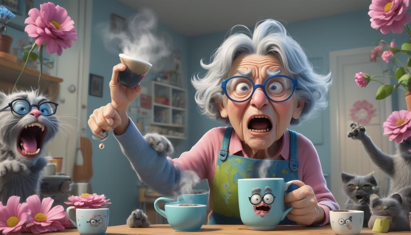 Angry Granny with Cats: 3D Pixar Cartoon