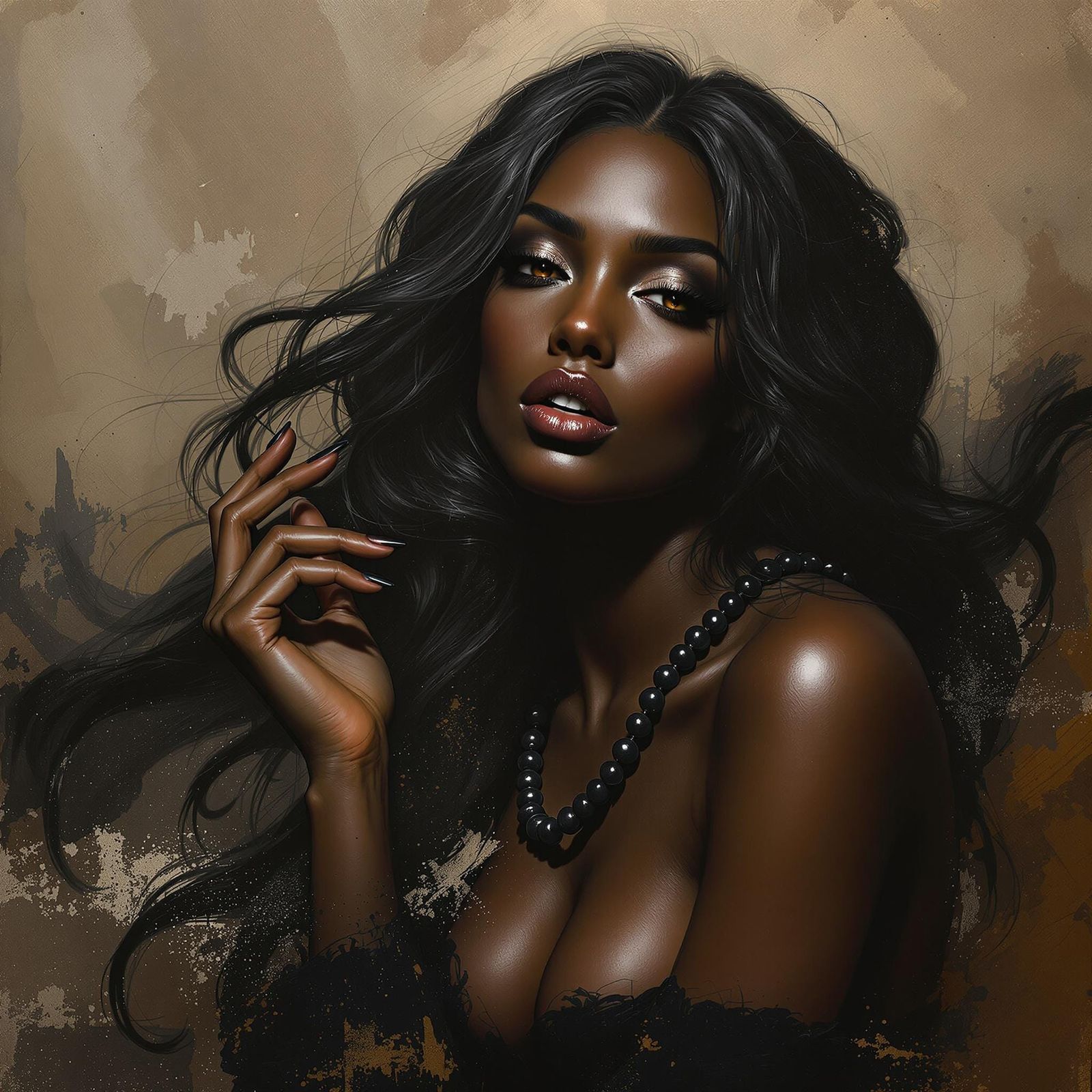 black pearls, dynamic Painted portrait by Alex Ross, abstrac...