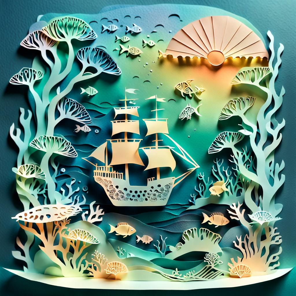 Kirigami Coral Reef with Shipwreck: Digital Illustration