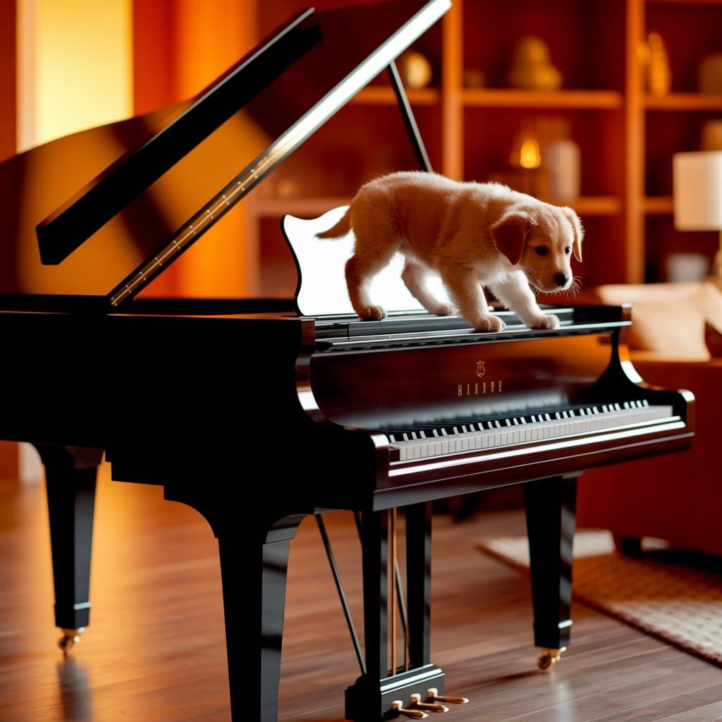 Modern Piano Scene with Curious Puppy
