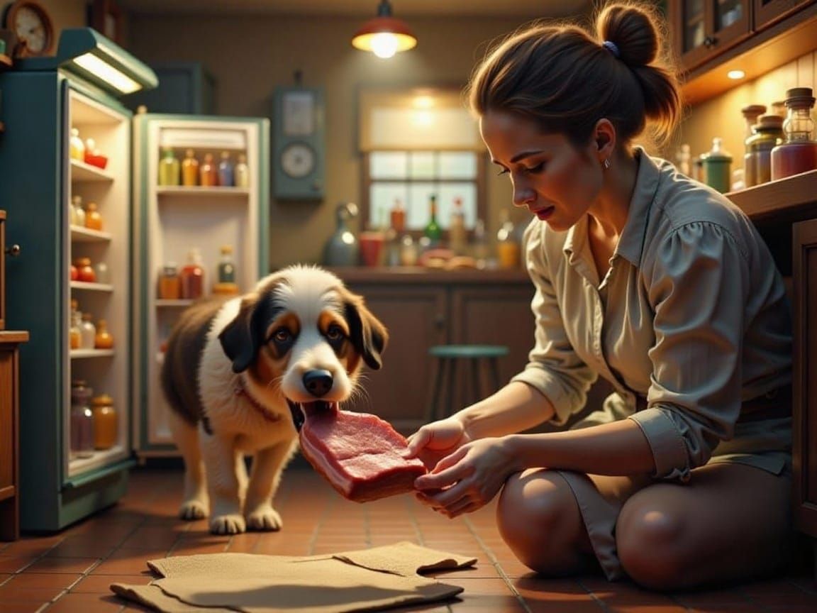 Hyperrealistic Dog Biting Pork Chop, Splash Art Style