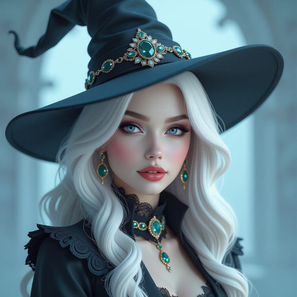 Albino Witch Portrait in Surreal Noir Watercolor Style