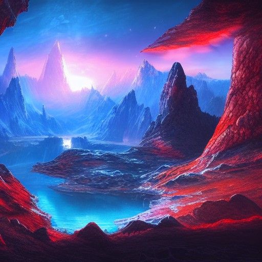 Glowing Sword in Lake Under Red Moon