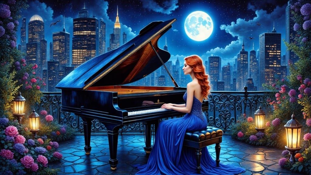 Woman Plays Piano in Art Nouveau Style