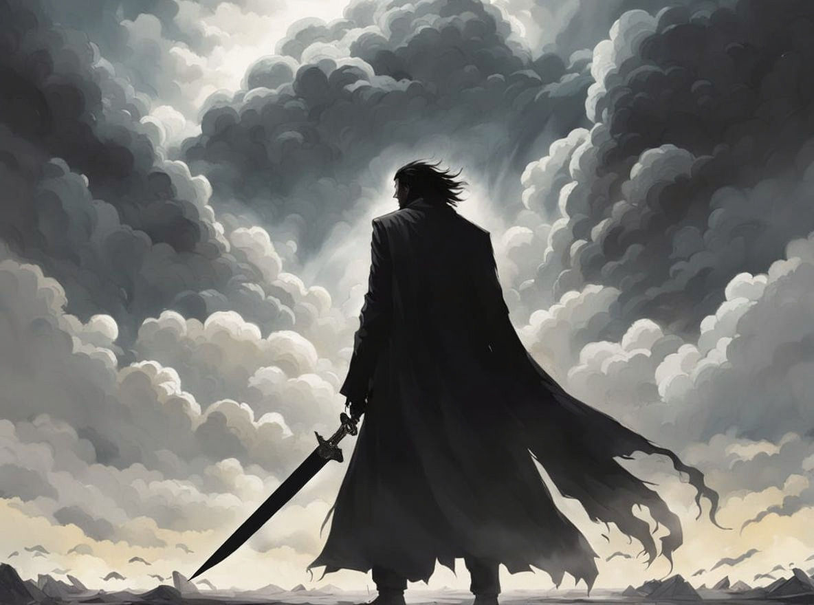 Eldritch Kaiju in Clouds Reaching for Blade