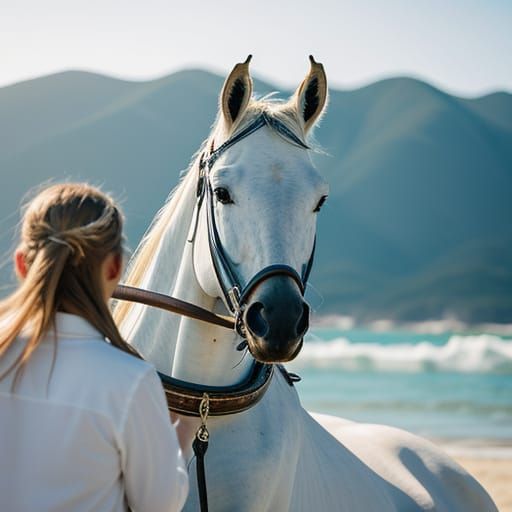 Majestic Stallion Gallops Along Beach with Elegant Rider